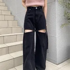 Chico チコ サイドベルトスリットデニムパンツ ブラック 0サイズ Sサイズ