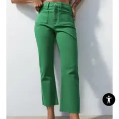 ZARA ザラ　ミッドライズデニムパンツ　切りっぱなしデニム　カラージーンズ　緑