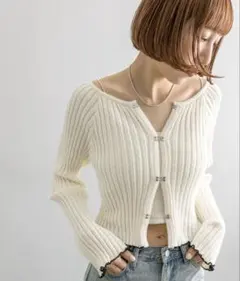 mystic 配色ホックリブカーディガン オフホワイト