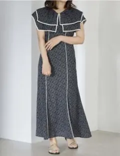 アルシーヴ　ビックカラー花柄パイピングロングワンピース