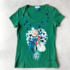 ディズニー×ピンコ　101匹わんちゃん クルエラ 刺繍Tシャツ　緑　1228のサムネイル