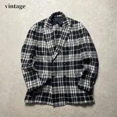 vintage リネンウールチェックテーラードジャケットダブルブレスト黒白古着