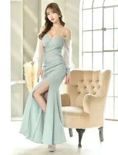 ミントグリーン オフショルダー ロングドレス