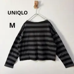 美品 UNIQLO M モックネック ボーダー 長袖 カットソー ショート丈