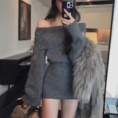 オフショルダー タートルネック ニットワンピース S