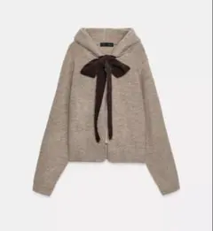ZARAフード付きベージュニットジップアップ
