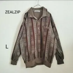 ZEALZIP 幾何学模様 長袖ニットシャツ L 秋 総柄 襟付き