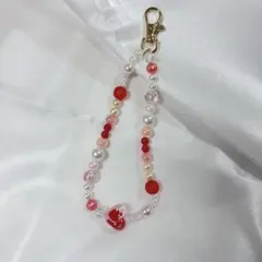 大人可愛い ハートビーズ携帯ストラップ・赤×ピンク・ハンドメイド