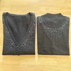 ビーズ装飾 カーディガン＆半袖薄手ニットセット