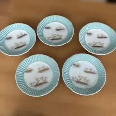 美品 深川製磁 金襴草花 青磁中皿 金彩 和皿揃え 5枚セット