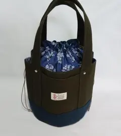 【NEW】丸底巾着トートバッグ　インディゴネイビー×オリーブG　スズラン　ミュゲ