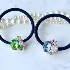 【限定セット】パープル＆グリーン　ストーン　キラキラ　ビジュー　ヘアゴム