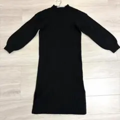 SIMPLICITEリブ編み 黒 シンプル長袖 ニットワンピース