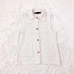 ZARA バーズアイベスト　ツイード素材　金ボタン　フリンジ　綿混　白　XS