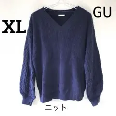 GU ジーユー Vネックニット ケーブル編み シンプル ネイビー 長袖 送料無料