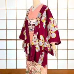 羽織 紋錦紗 正絹 梅の花 赤紫 アンティーク着物【仕付糸付き】A-1105