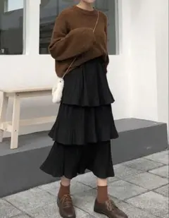 SHEIN レディース 秋 無地 フリルヘム マキシスカート ブラック 春