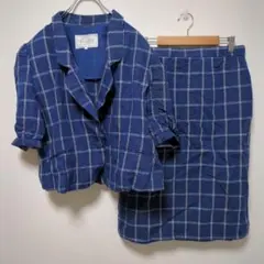 Bowbell（13）スカートセットアップ＊チェック＊綿麻＊ひざ丈タイト＊5分袖