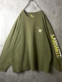 Carhartt ロンT XL 袖プリント ポケットT カーキ