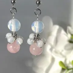 ハンドメイド　ピアス　天然石　ローズクォーツ　オパール