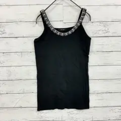 JEANASIS✨タンクトップ【F】ビーズ装飾 Uネック ストレッチ ブラック