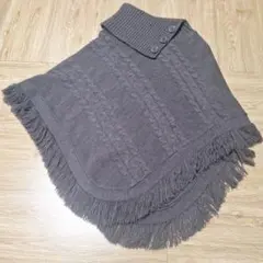 グレー ニット ポンチョ フリンジ付き