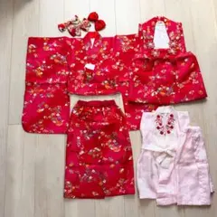 3歳 七五三 被布セット 二部式 セパレート赤 花柄 扇 襦袢付き、髪飾り