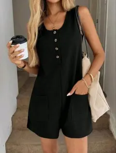 SHEIN　黒いリブ編みタンクトップオールインワン