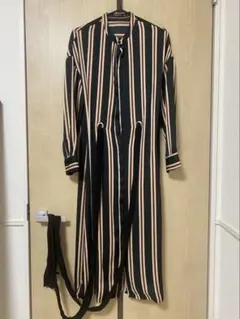 【美品】ZARA BASIC マルチストライプ ロングシャツワンピース リボン付