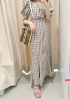 チェック柄バックリボンロングワンピース 半袖　ベージュ