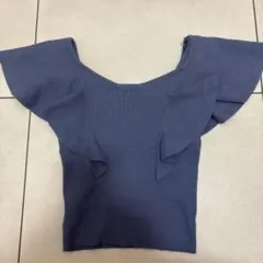 フリルスリーブ リブニットトップス ブルーのサムネイル
