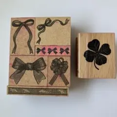 木製スタンプ 7点セット リボン・四葉のクローバー　中古　使用感あり