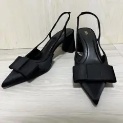 極美品　ZARA 24.5cm ブラック リボン付き パンプス 太ヒール