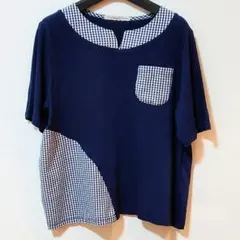 婦人服 M-Lサイズ 半袖 Tシャツ カットソー 紺×白チェック レディース用