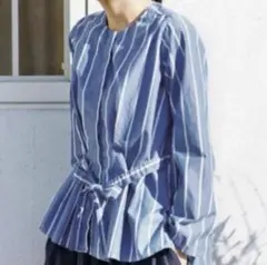 Sunny Clouds 帯ストライプトップス 青 L 綿100 ベルト付