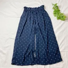 レディース ガウチョパンツ ドット柄 ウエストゴム 紺色【M】薄手 kd345