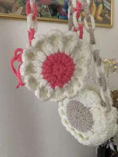 かぎ針編みポシェット 白とピンク・白とグレー