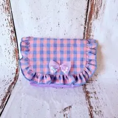 移動ポケット　女の子　フリル　パープル　チェック　クリップ紐なし　ハンドメイド