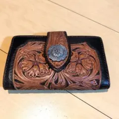 カービングレザー製花模様財布