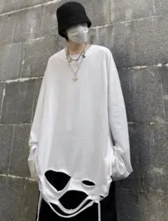 ホワイト ダメージ加工 オーバーサイズ長袖カットソー
