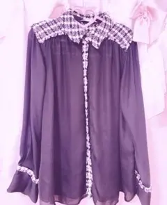 【ZARA】シフォンツイード　シャツ　シアー　ギャザーシャツ　バイカラー