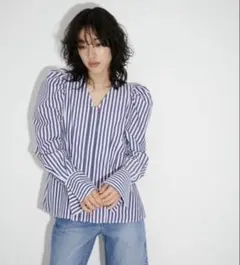 新品タグ付き　アダムエロペ　ストライプパフスリーブブラウス ブルー×ホワイト