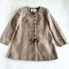 極美品 インゲボルグ ピンタック カシミヤ混 ノーカラーハーフコート リボン L