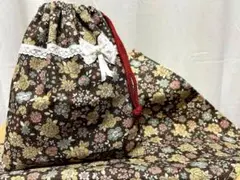 ランチョンマット給食袋セット　小花柄ブラウン