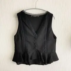 新品 ZARA リネン ペプラムトップス BK