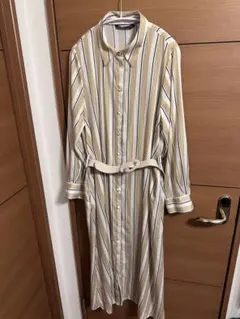 ZARA ベージュストライプ 長袖シャツワンピース　ベルト付き