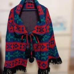 2ー4 幾何学模様 フリンジ付きポンチョ