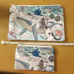 クジラと猫のイラストポーチセット ハンドメイド