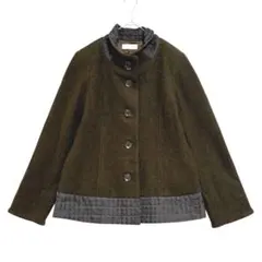 里麻　スタンドカラー 異素材切り替えウールコート　茶　9 / M