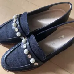 DIANA ネイビー デニム ローファー パール装飾